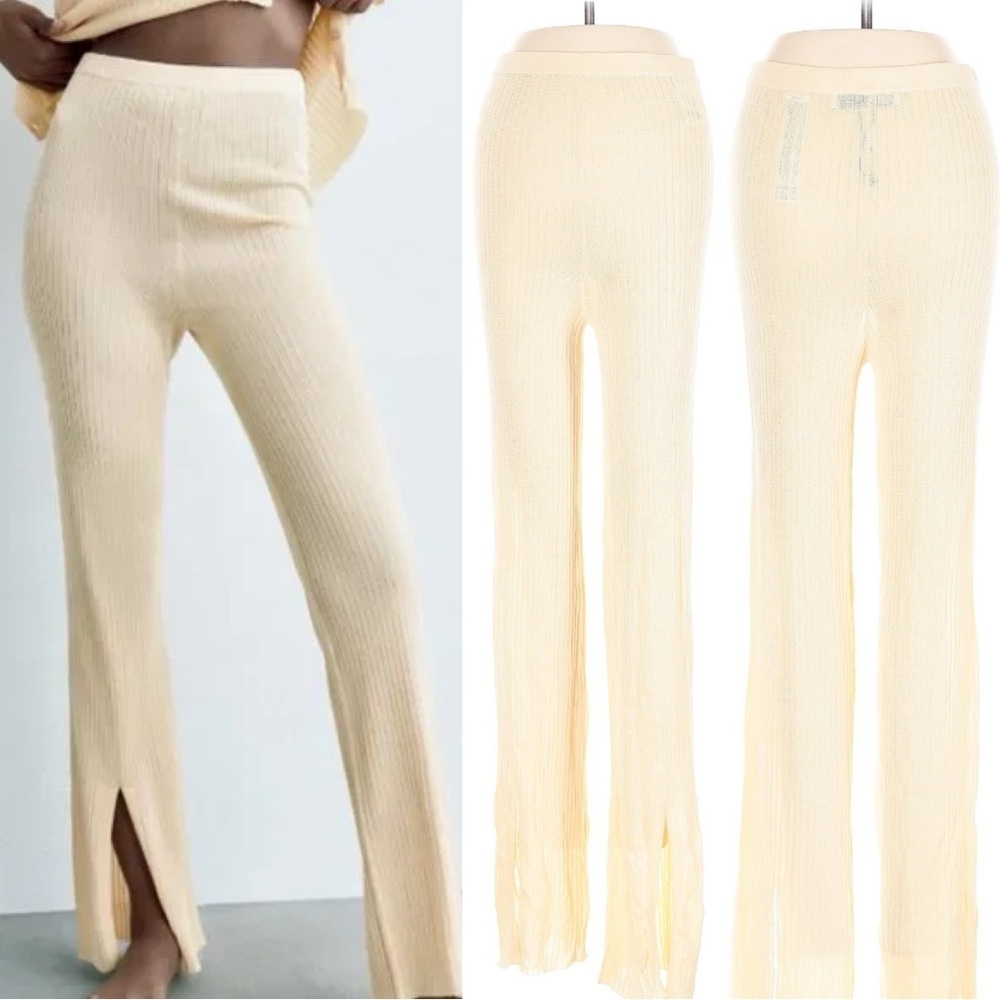 380 ZARA | NWT Cream Beige Ribbed Knit Split Hem Pants (Size S)